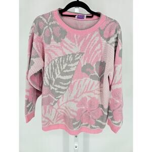 Vintage 1980s Arielle Womens Sz L Knit Sweater Pink Gray Leaf Print